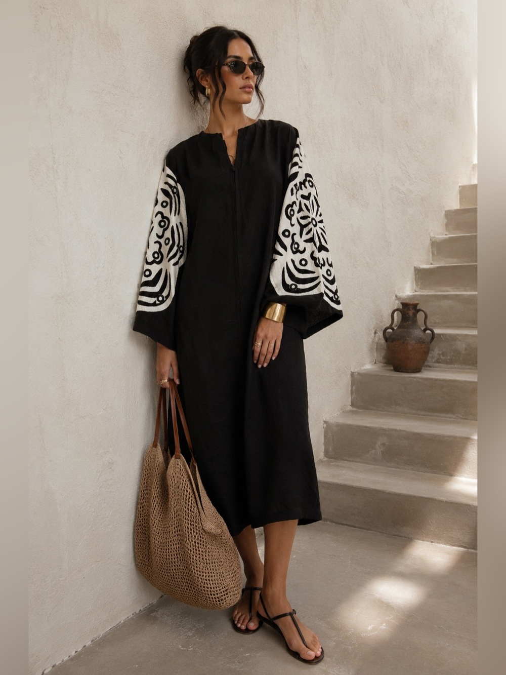 Vintage Ramona Rull Black & White Mirror Appliqué Cotton Kaftan | Sz L